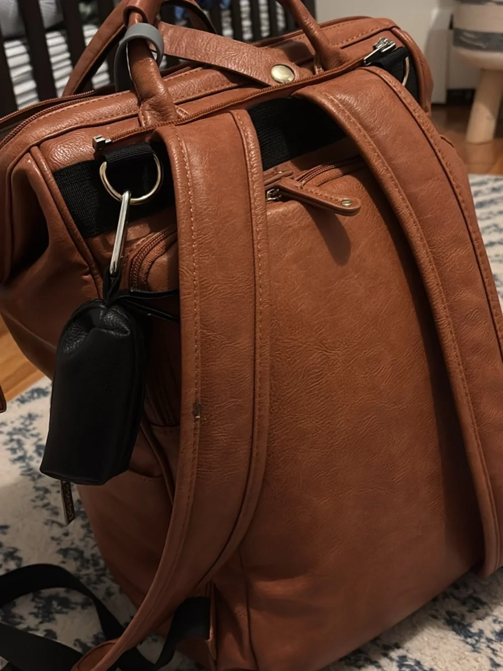 Tan Faux Leather Backpack diaper bag with Front Pocket